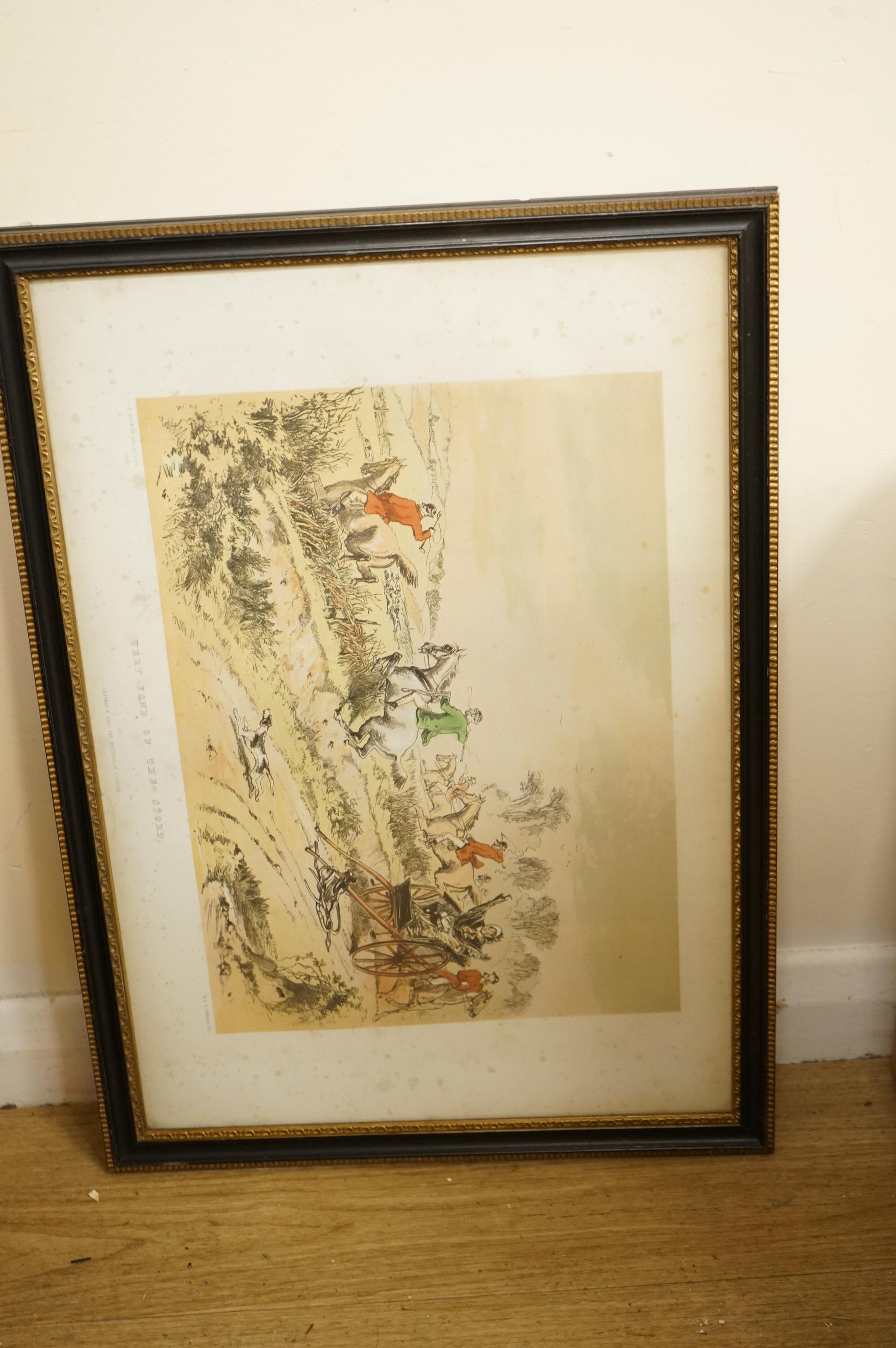 After Hablot Knight Browne (1815-1882), Hunting scenes to include 'Something like a finish', 'Founded' and 'Look before you leap', set of six colour lithographs, each 34 x 50cm